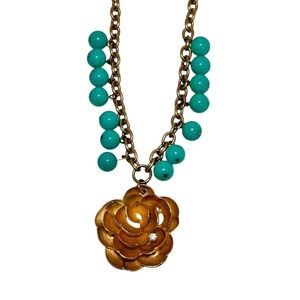 MARCEL BOUCHER Signed  #9291 Gold Camelia Pendant Necklace Turquoise Glass Beads